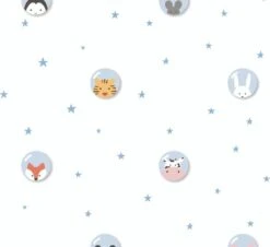 A.S. Creation PAPIER PEINT ANIMAUX DANS LES ETOILES - Blauw Wit Rose Jaune Zwart - Papier Peint Chambre D'enfant - AS Creation Little Love