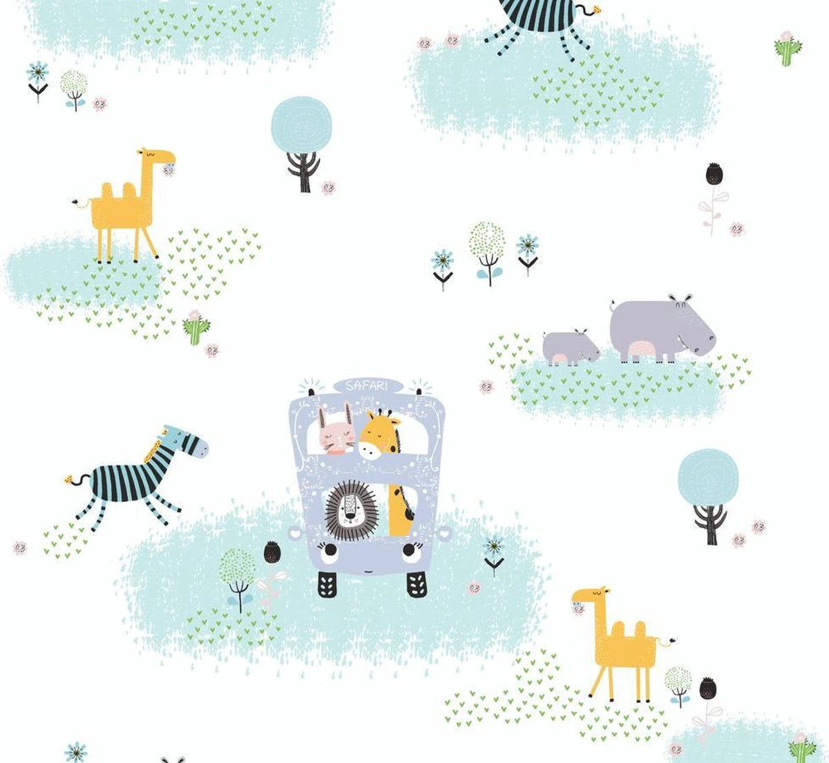 A.S. Creation ANIMALS ON SAFARI WALLPAPER - Bont Vert Grijs Jaune Wit - Papier Peint Chambre D'enfant - AS Creation Little Love